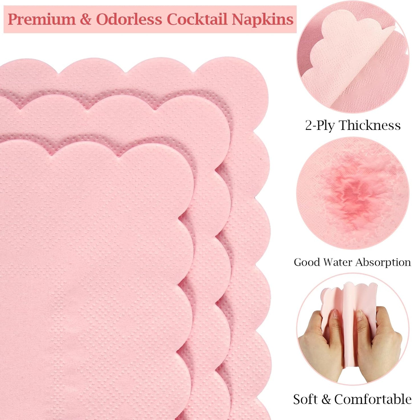 100 Pcs Cocktail Napkins, 2-Ply 5 x 5 Inches Disposable Scalloped Napkins, Thick Premium Dessert Napkins for Party, Wedding, Dinner, Birthday, Anniversary, Festival (Pink)