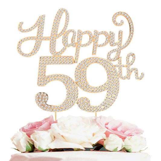 Happy 59th Birthday Decorations,59th Birthday Gold Rhinestone Cake Topper - Cheers to 59 Years Old Bday Party Metal Sparkly Cake Centerpieces Sign.