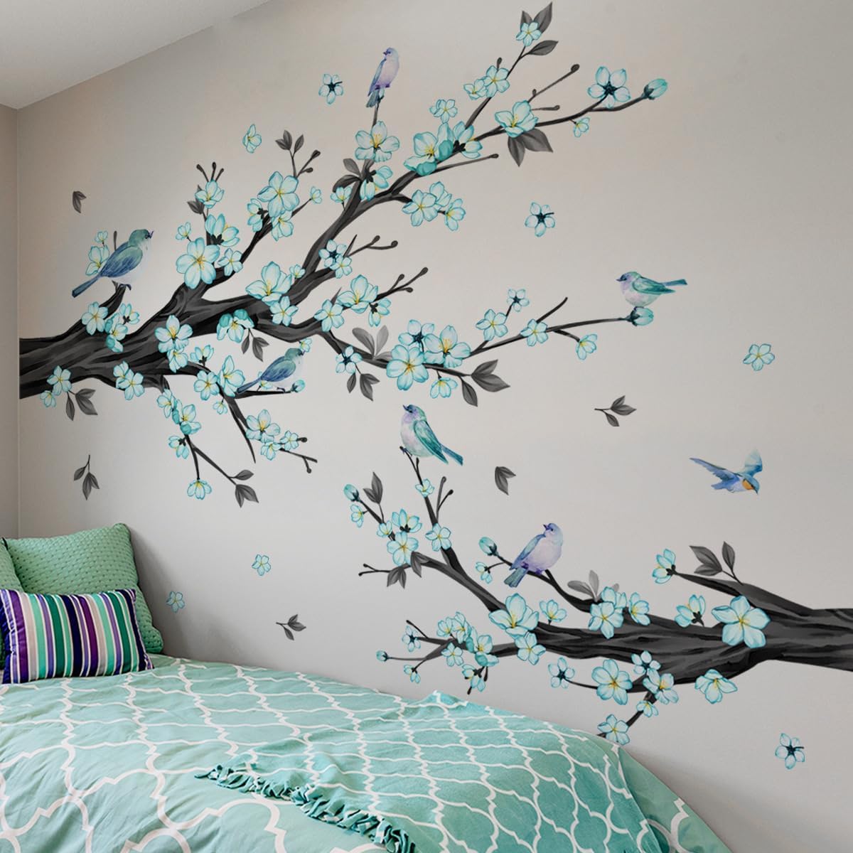 Large Blue Cherry Blossom Branch Wall Decals Flower Bird Blue Floral Tree Branch Wall Stickers for Living Room Bedroom, 76.37x65.35 inches