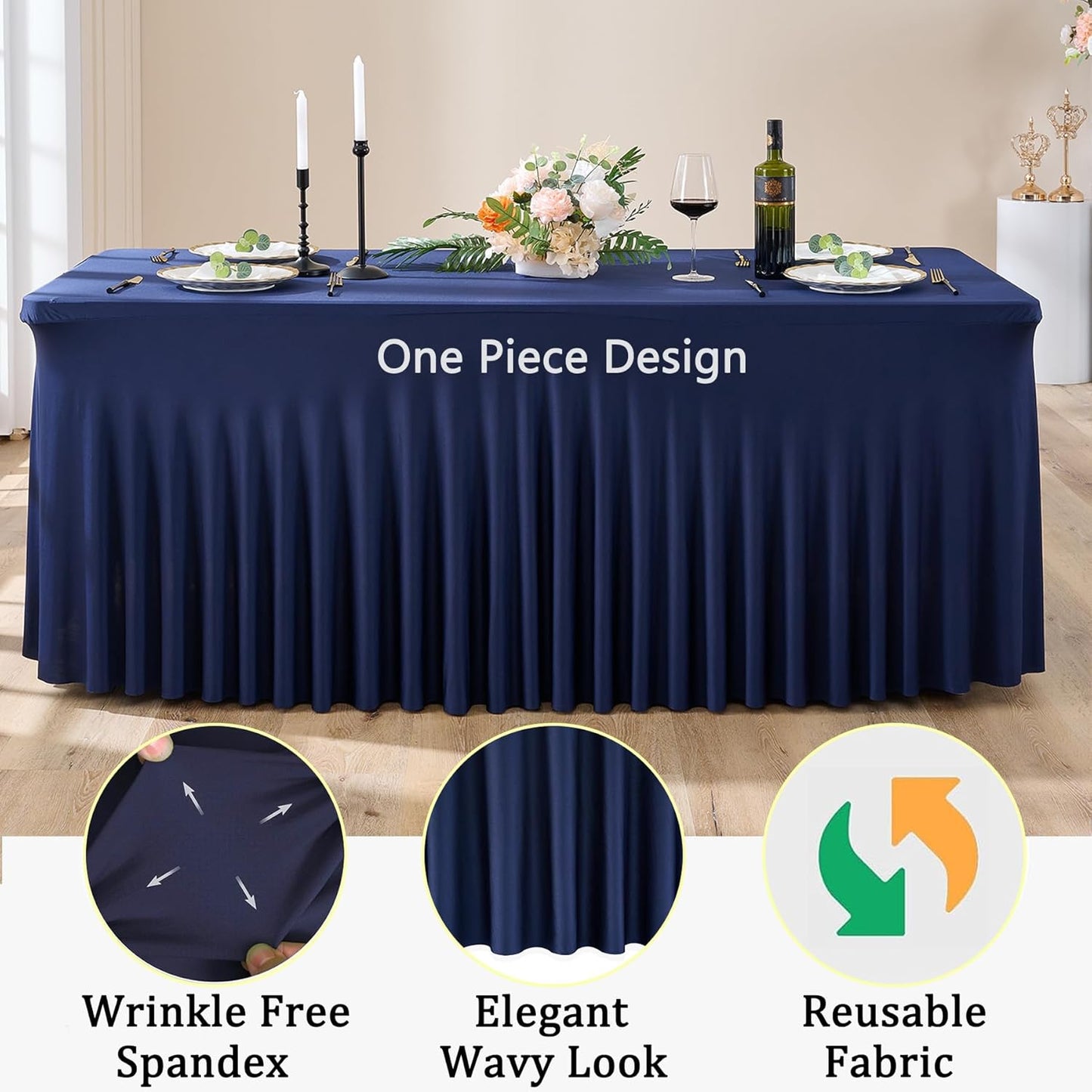 6 Pack Spandex Navy Blue Tablecloths for 8 Foot Rectangle Tables, Wrinkle Free Fitted Table Cloths 8ft Stretchy Table Cover Skirt for Parties Weddings Birthday Banquet Baby Shower