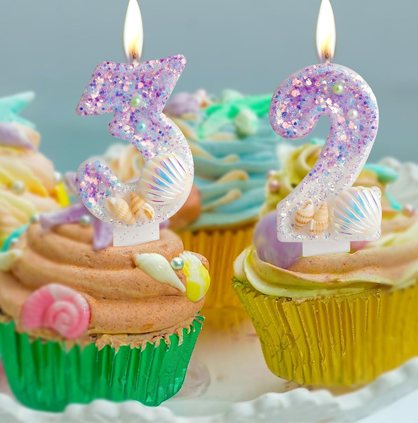 Pulper Mermaid Sequins Shell Birthday Candles, Mermaid Themed Birthday Cake Topper