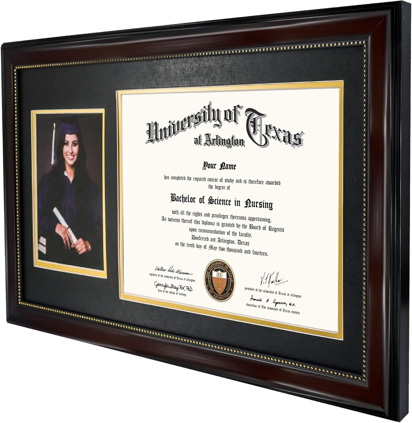 GraduationMall 11x19 Mahogany Diploma and Photo Frame for 8.5x11 Certificate,5x7 Picture,Real Glass,Black over Gold Double Mat