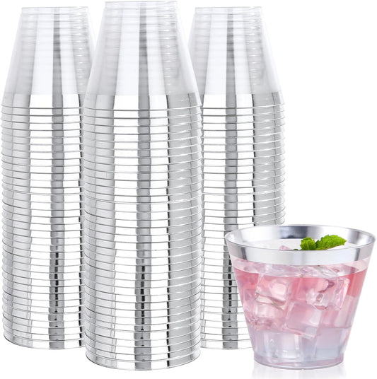 Nervure 240 PCS Silver Plastic Cups - 9Oz Silver Rimmed Plastic Cups - Heavy Duty Plastic Cup with Silver Rim Perfect for Weddings, Receptions & Parties