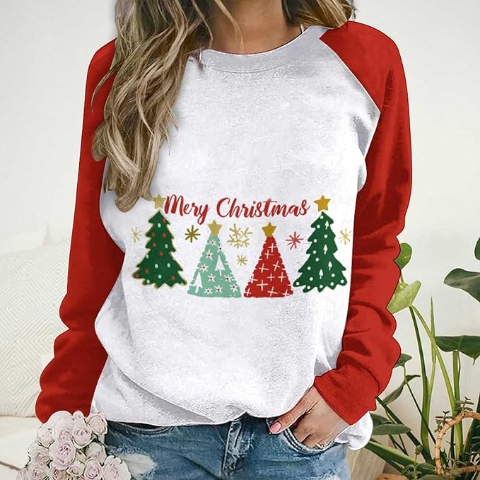 LOAIHA Christmas Sweatshirts for Women Christmas Tree Graphic Shirt Xmas Long Sleeve Merry Christmas Pullover Blouse