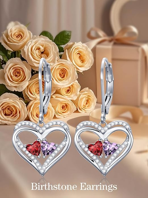 Valentines Day Gifts for Women, Heart Leverback Earrings Double Birthstone Dangle Earrings for Women, Love Jewelry for Her, Anniversary Birthday Gift for Mom Wife Girlfriend