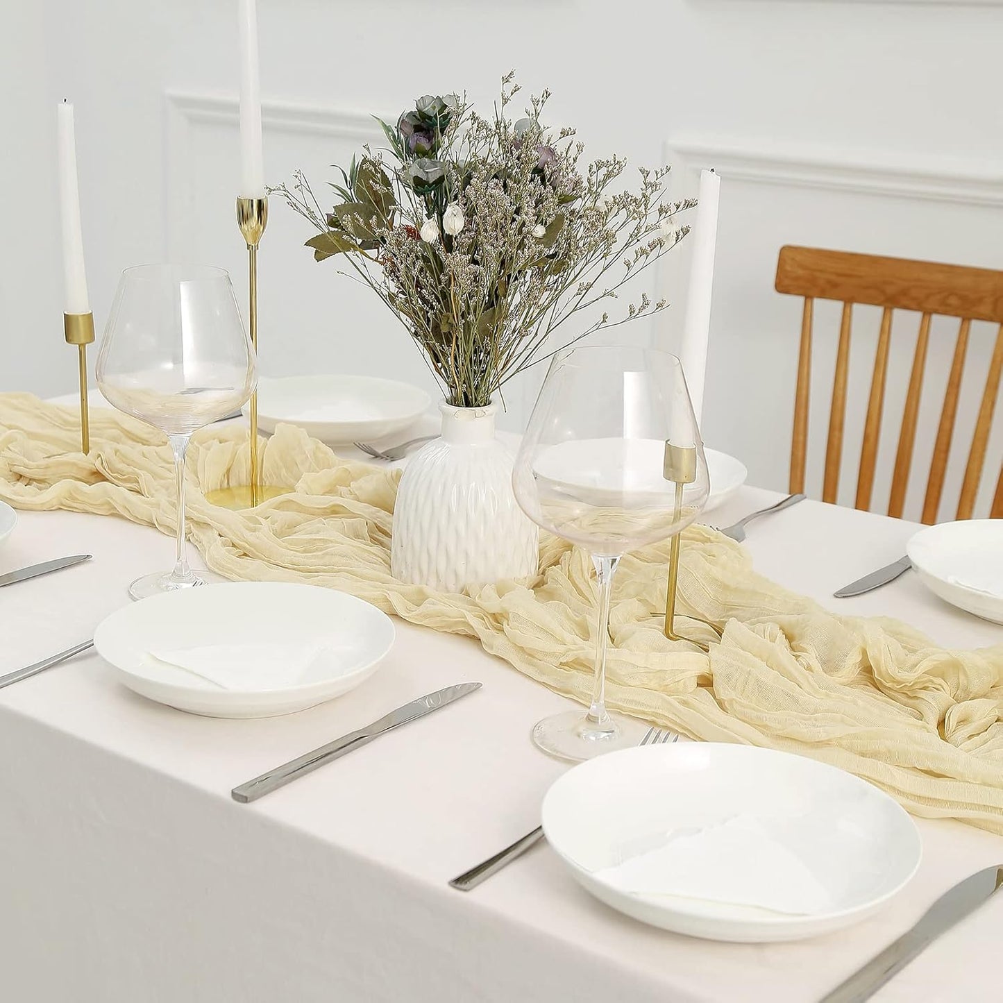 DOLOPL 8PCS Cream Cheesecloth Table Runner Bulk 13.3ft Boho Gauze Cheese Cloth Table Runner Rustic Sheer Runner 160inch Long for Wedding Bridal Baby Shower Birthday Party Cake Table Decorations
