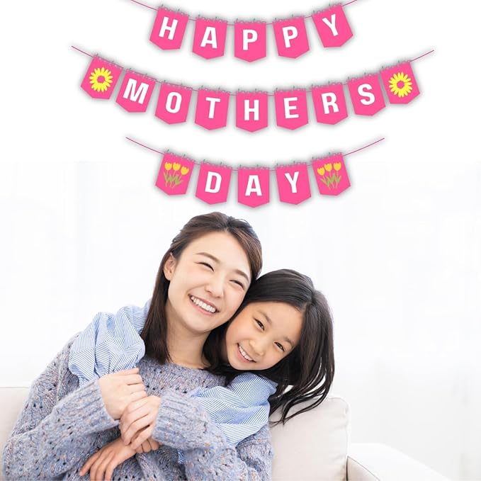Happy Mother's Day Banner Set Decoration for Mother's Day Party Decorations Backdrop Garland for Mom Mother's Day Glitter Garland Photo Props (Pink Yellow Sunflower)