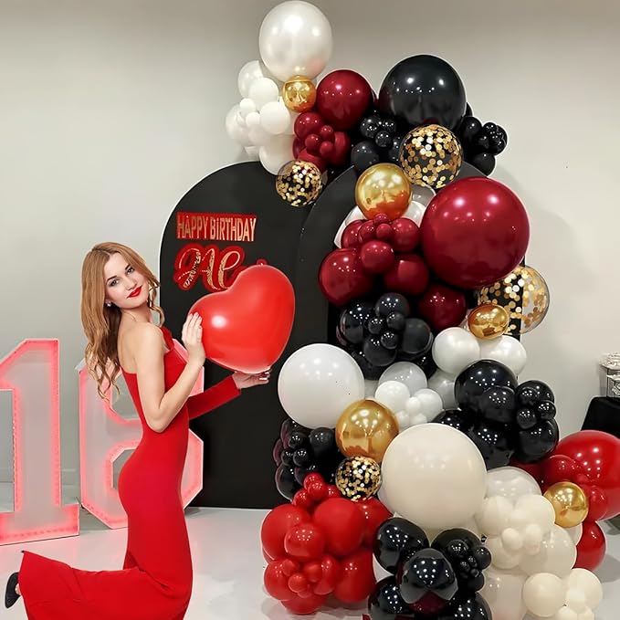 MEBAY Burgundy Black White Gold Balloon Arch Garland Kit, 147PCS Latex Balloons Different Sizes 18 12 10 5 inch for Valentines Wedding Bachelorette Birthday Mothers Day Graduation Party Decoration