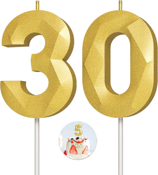 Number Birthday Candles(30 Candle Gold) 3D Diamond Shape Number Happy Birthday Cake Candles for Birthday Party Wedding Decoration Reunions Theme Party