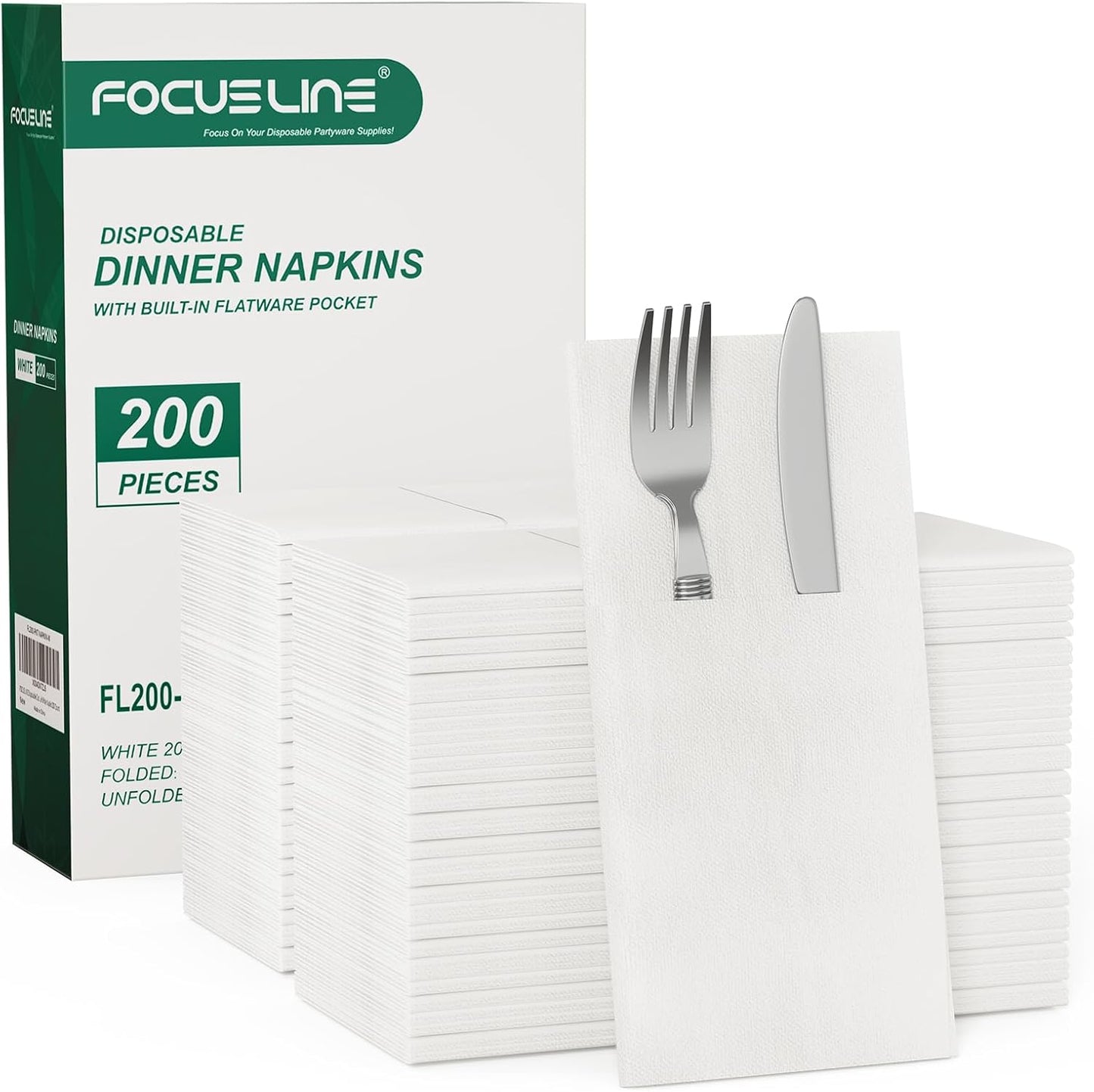 FOCUSLINE 200 Count Disposable Cloth-Like Napkins, Built-in Flatware Pocket, Prefolded Linen Feel White Napkins