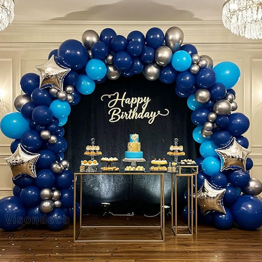 Blue Balloon Arch Kit with 2 Large Silver Star Foil Balloons – Navy & Light Blue Balloon Garland, 5/12/18 inch Blue Balloons for Birthday, Baby Boy Shower, Wedding & Graduation Decorations