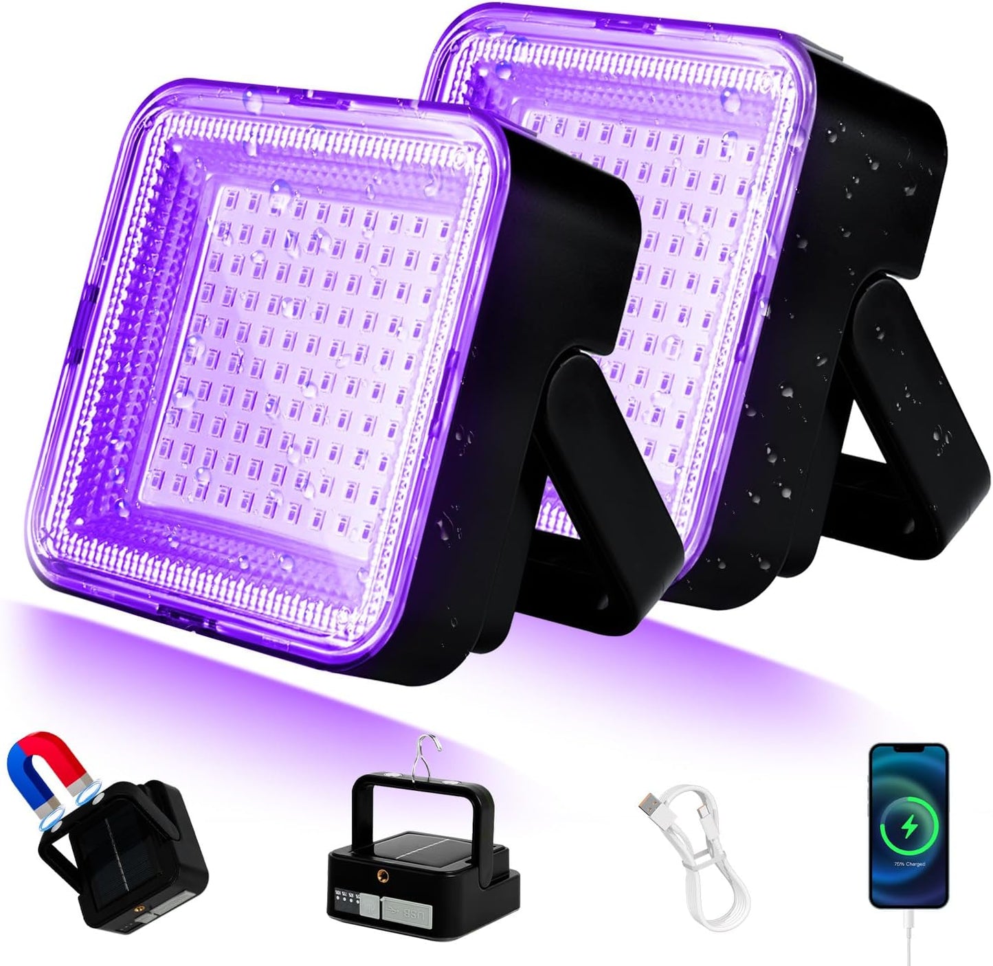 2 Pack 5000mAh Battery Powered Led Black Light, IP66 Waterproof, 120 LED for Halloween Party, Glow in The Dark, Fluorescent Poster, Stage Lighting, Aquarium, Body Paint, Neon Glow