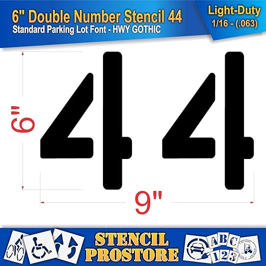 Pavement, Curb, and WheelStop Stencils - 6 inch Double Number Stencil - (44) - 6" x 9" x 1/16" (63 mil) - Light-Duty