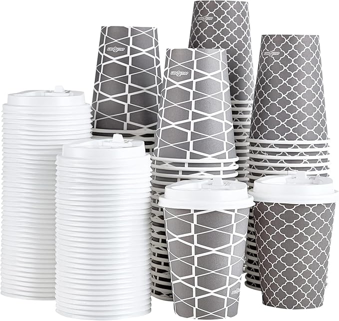 JOLLY PARTY Disposable Coffee Cups with Lids -12 oz (100 Sets) To Go Cups, Paper Coffee Cups for Beverages Espresso Tea, Suitable for Cafes, Offices and Home