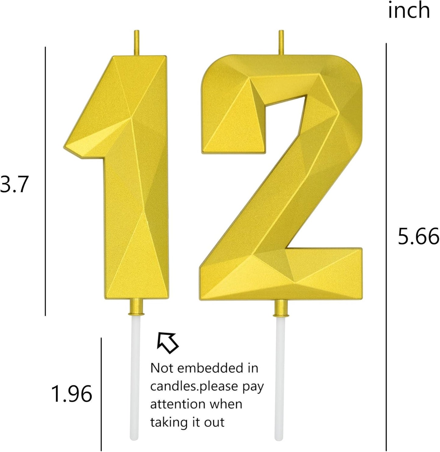 DERVENTA Large Birthday Candle Number 3D Gold 3.7 inch Party Celebration Anniversary Decoration Cake Topper 1 Piece (Number 12 Gold)