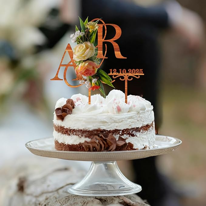 Personalized Wedding Cake Topper with 3D Artificial Flowers and Green Leaves Custom Initials Wooden Anniversary Cake Decoration