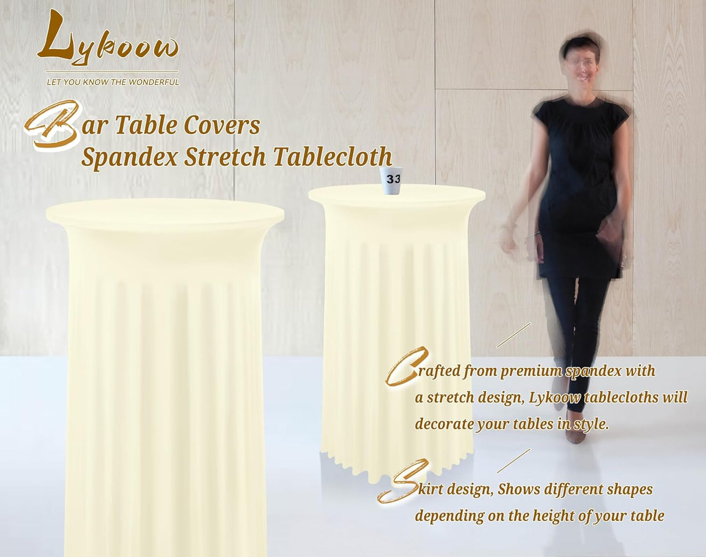 3 Packs Cocktail Table Covers Beige Round Bar Table Cloth Off White 32"x 43" Spandex Stretch High Top Table Covers with Wavy Drapes Fitted High Top Table Cloth for Party Wedding Banquet Bar Table