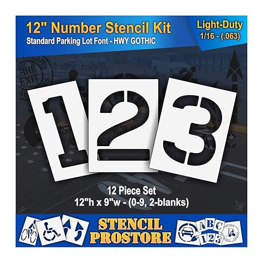 Pavement Stencils - 12 inch Number KIT Stencil Set - (12 Piece) - 12" x 9" x 1/16" (63 mil) - Light-Duty