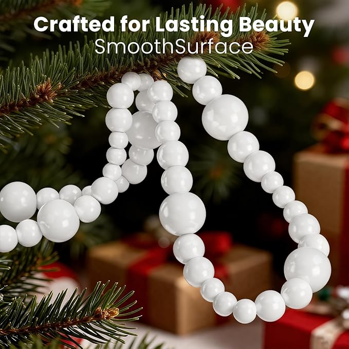 2PCS Christmas Wood Beads Garland 24 Feet Wooden Bead Garland Boho Ornaments for Christmas Tree, Xmas Vintage Rustic Farmhouse Round Craft Bead Hanging Holiday Decorations(White)