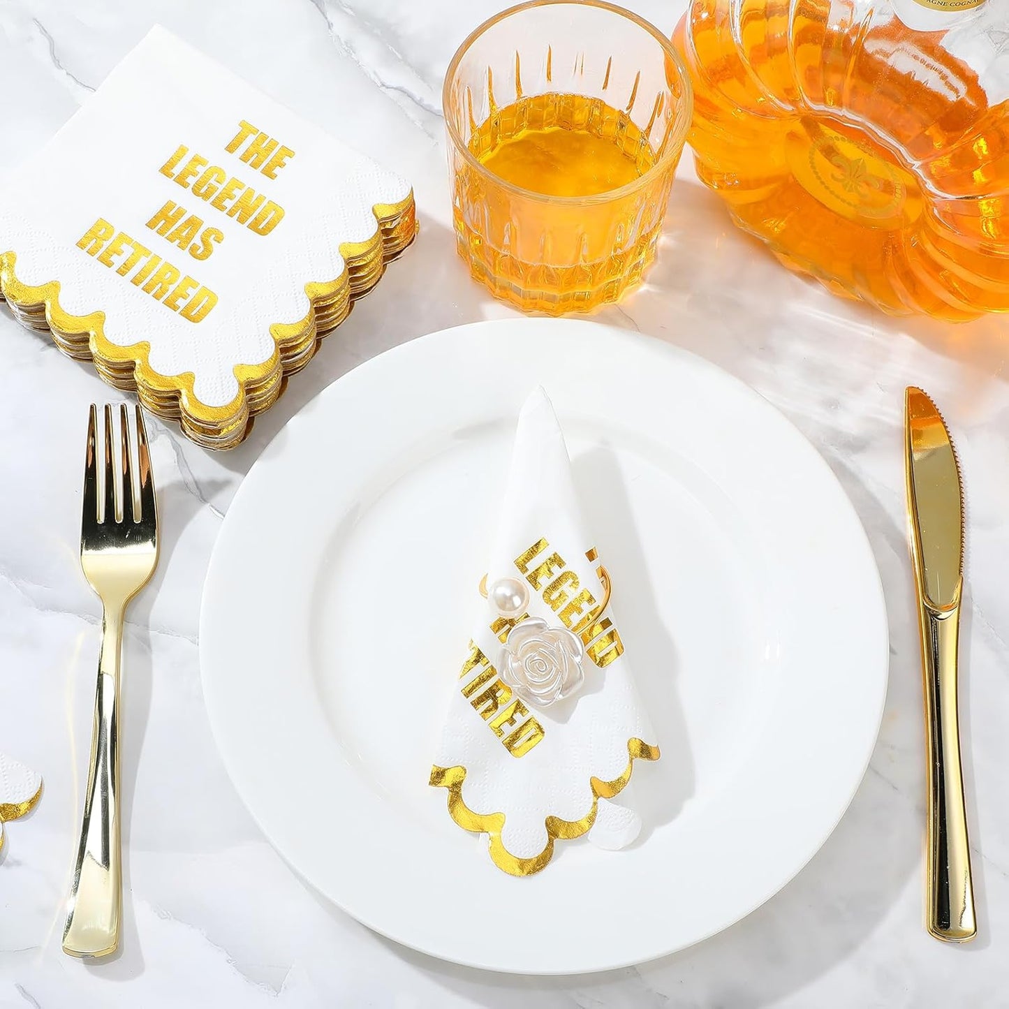 Happy Retirement Paper Napkins the Legend Has Retired Cocktail 5x5 Inches Disposable Gold Lace Napkins with Gold Foil for Party Decorations Supplies(50 Pcs)
