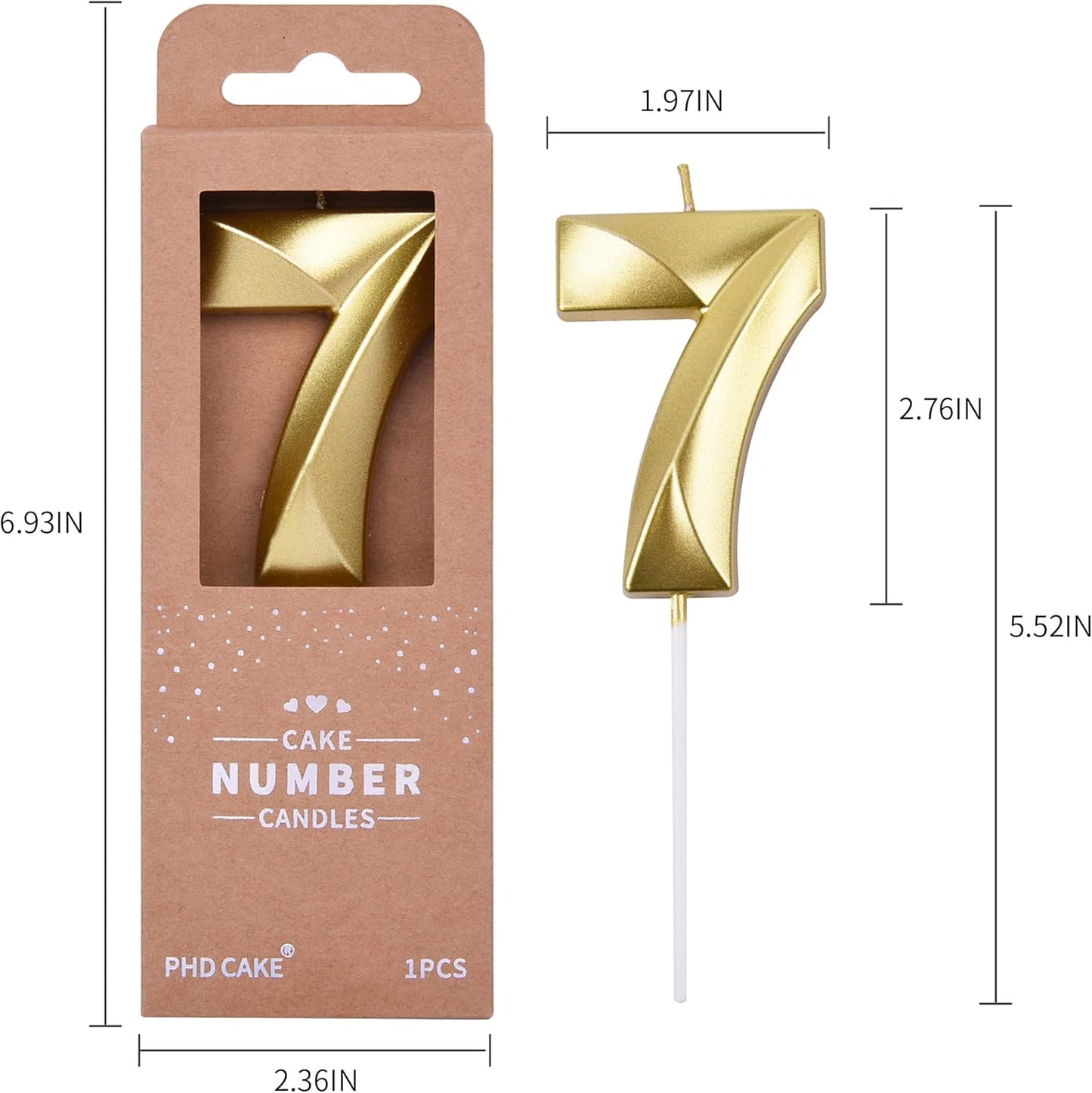 PHD CAKE 2.76 Inch Diamond Gold 7 Number Birthday Candles, Gold Number Candles, Cake Number Candles, Party Celebration