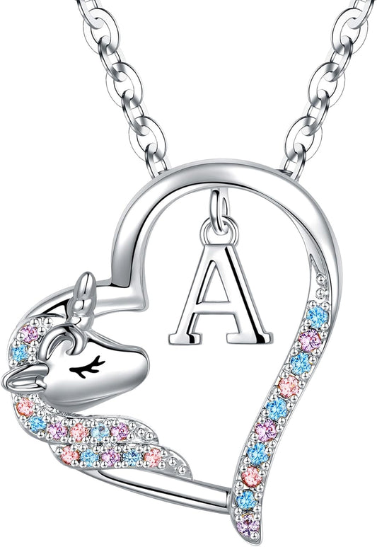 Anoup Unicorn Gifts for Girls Necklace - Colorful CZ Heart Pendant A-Z Initial Necklaces Cute Unicorns Jewelry Birthday Gift for Girl