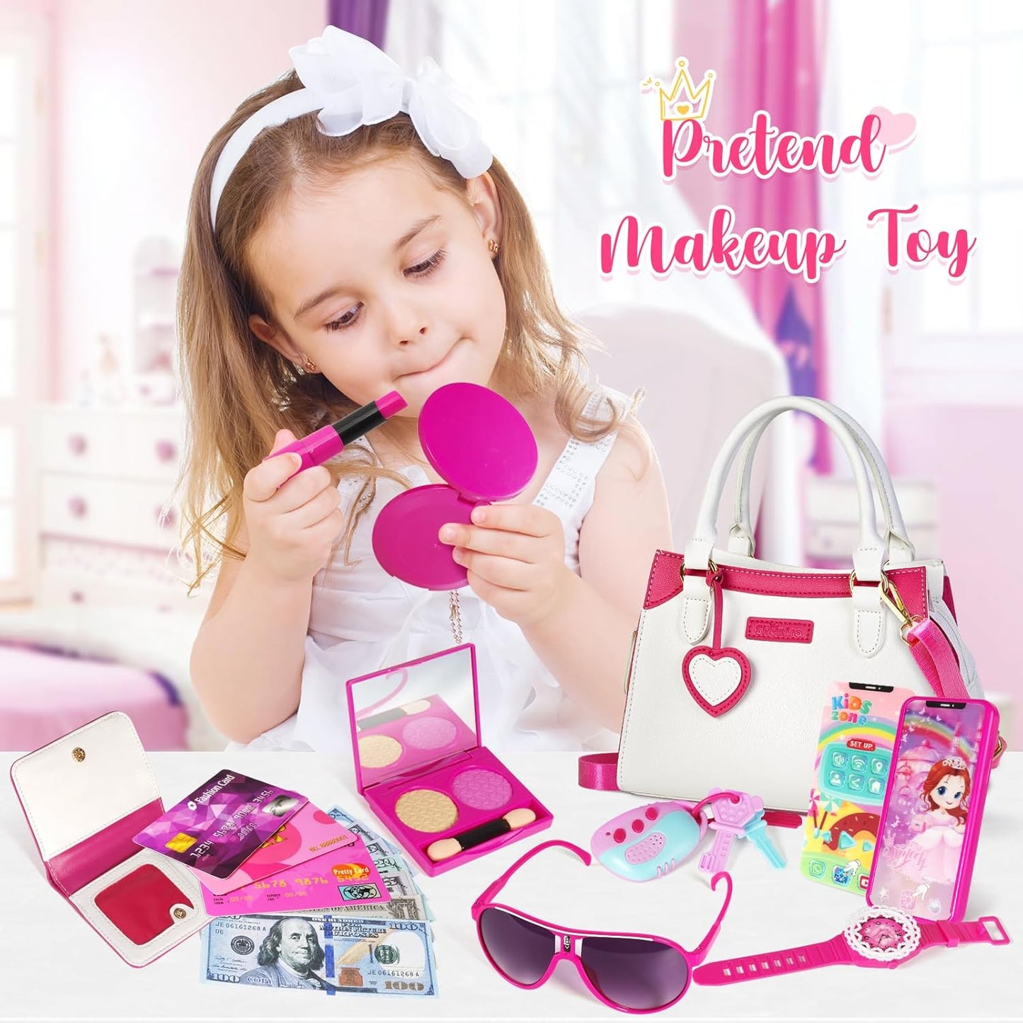 Shemira Play Purse for Little Girls, Princess Pretend Toys for Kids 3 4 5 6 7 8 Years Old, Christmas & Birthday Gift for Girls Age 3-5 4-6 6-8, Toddler Purse with Accessories, Kids Toy Purse, White