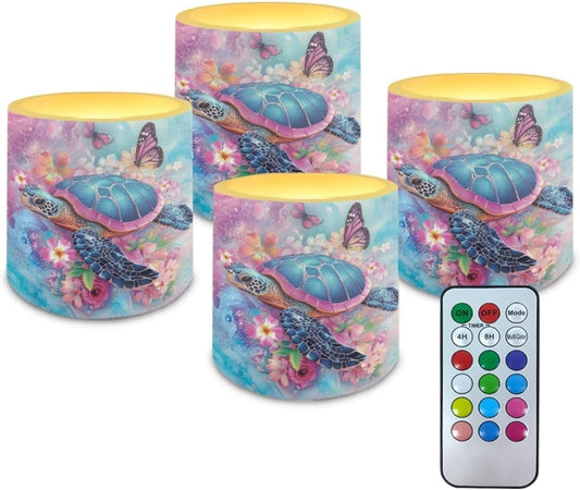 Poceacles Flameless LED Candles Set of 4 Battery Operated Candles with Remote and Timer, Realistic Flickering Tealights for Indoor Outdoor Decor, Sea Turtle Butterfly Flower Marble Violet Blue
