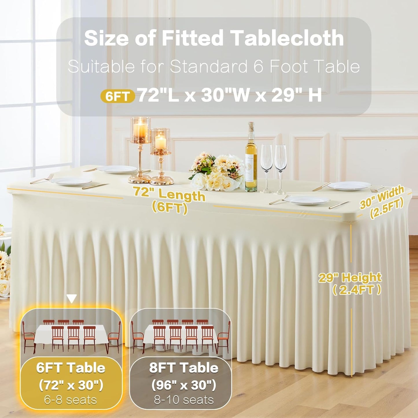 2 Pack Spandex Beige Fitted Table Cloth for 6ft Rectangle Tables Beige Stretch Tablecloth Table Covers Skirt Banquet Wrinkle Free Tablecloths for Parties Wedding