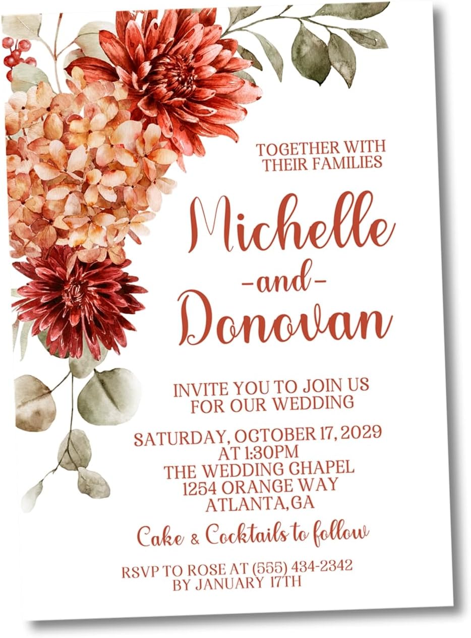 Rustic Orange Fall Wedding Invitations, Burnt Orange & Terracotta Floral, Personalized, Set of 12 Invitations with Envelopes