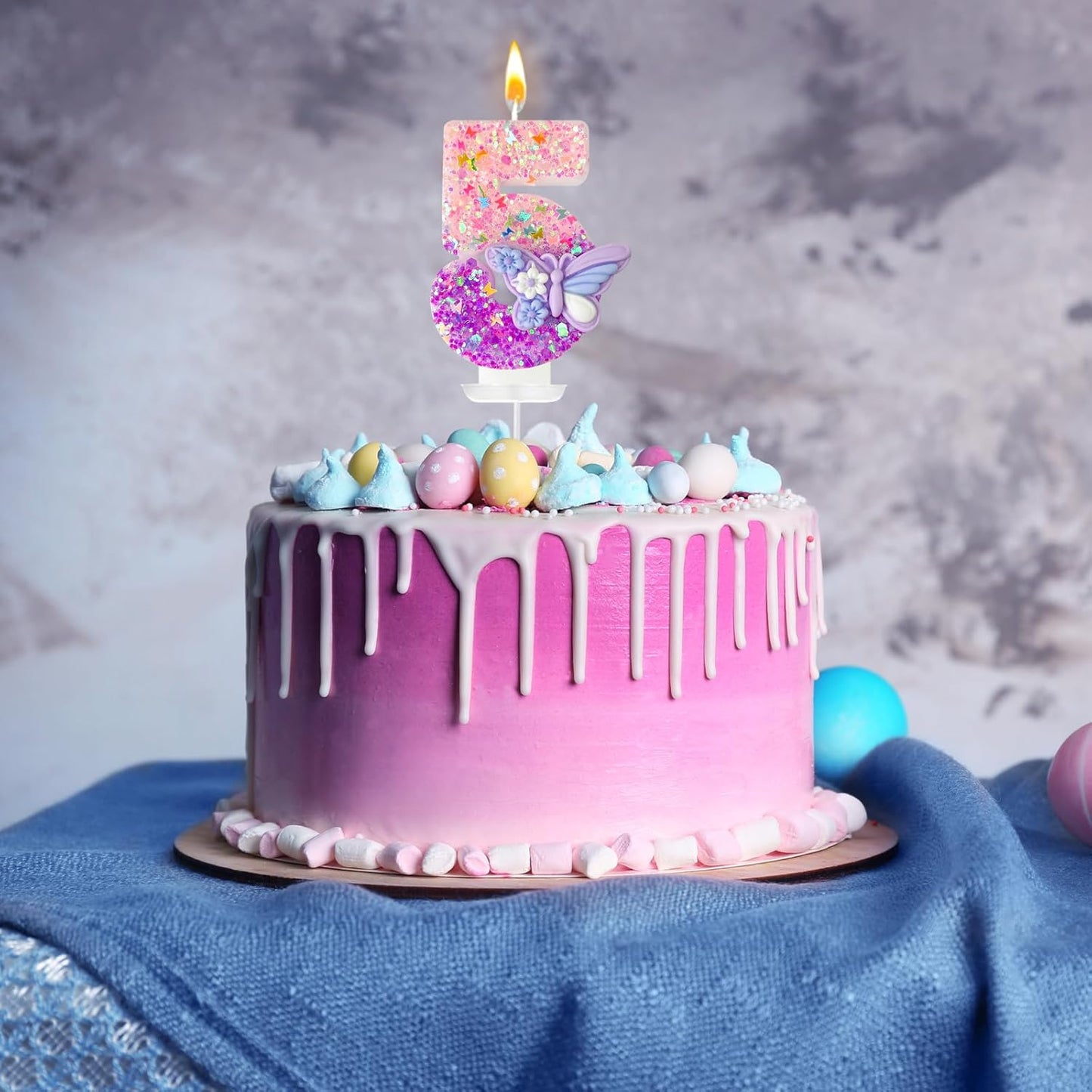 HXOUSE Butterfly Number 5 Birthday Candles - Pink & Purple Butterfly Birthday Candles for Cake, 5 Candle Topper for Anniversary Celebrations Supplies, Fairy Party Decorations for Girl (Number 5)