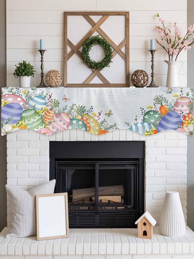 Easter Colorful Eggs Fireplace Mantel Scarf Table Runner, Spring Eucalyptus Leaves Floral Plant Winter Garland Mantel Top Tablerunners Dresser Scarves Cover for Windows Party Living Room 90''x17''