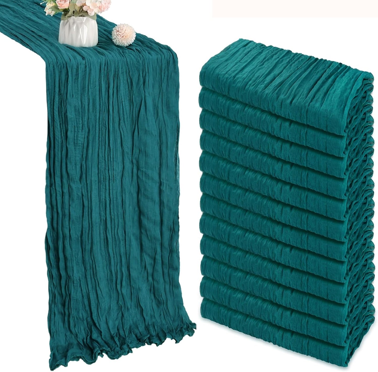 12 Pack 10FT Teal Cheesecloth Table Runner 35x120 Inch Gauze Rustic Boho Table Runner Cheese Cloth for Wedding Decor Birthday Party Bridal Baby Shower Table Centerpiece Decoration