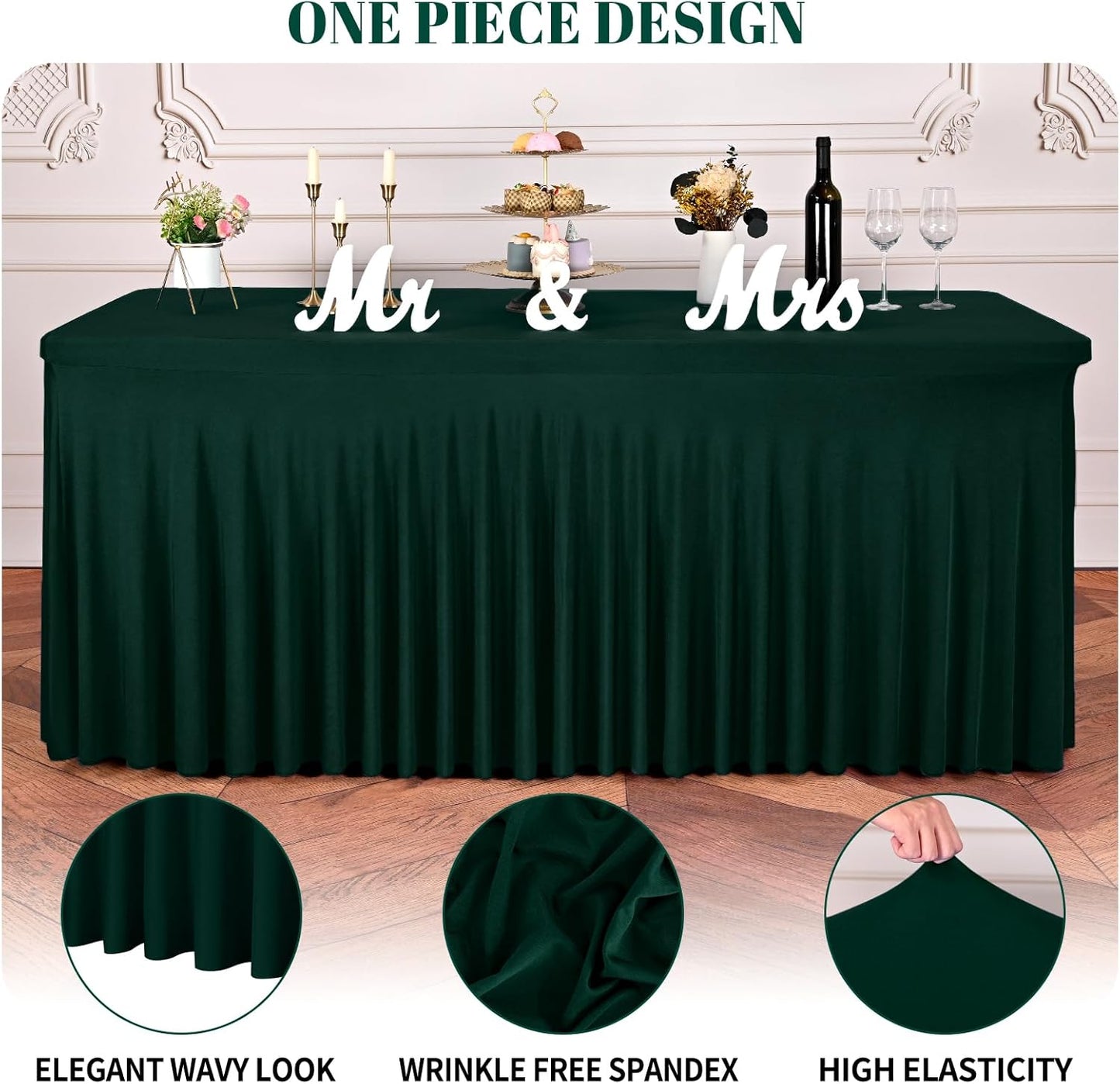 2 Packs Emerald Green Stretch Table Skirts for 6 Foot Rectangle Table, Washable Spandex Stretch Tablecloths with Skirt, Wrinkle Resistant Fitted Tablecover for Wedding Party Banquet