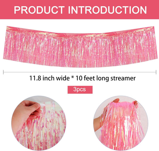 BEISHIDA 3 Packs Metallic Foil Fringe Garland Shining Pink Wall Hanging Tinsel Fringe Banners for Car Floats Bridal Shower Wedding Birthday Easter Graduation Holiday Party Decoration(30 Feet)