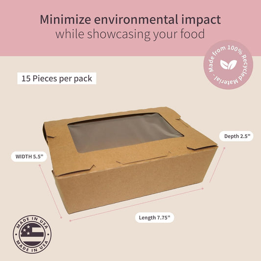 FC Meyer MeyerWindow #4 Kraft Boxes With Window, Disposable Paperboard Take Out Cartons, Bakery Boxes, Lunch Box & Go To Food Storage Container, 7 3⁄4” x 5 1⁄2” x 3 1⁄2“, Small Pack of 15