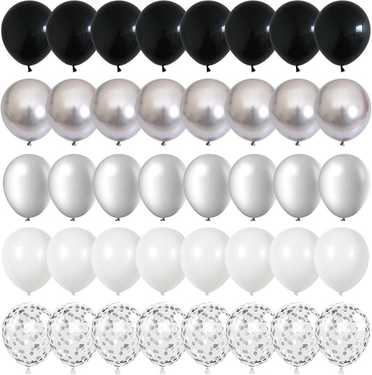Black and Silver Balloons, 60 Packs 12 Inch Chrome Metallic Silver Balloons and Confetti Balloons, Black White Silver Balloon for Wedding Engagement Birthday Halloween Decorations