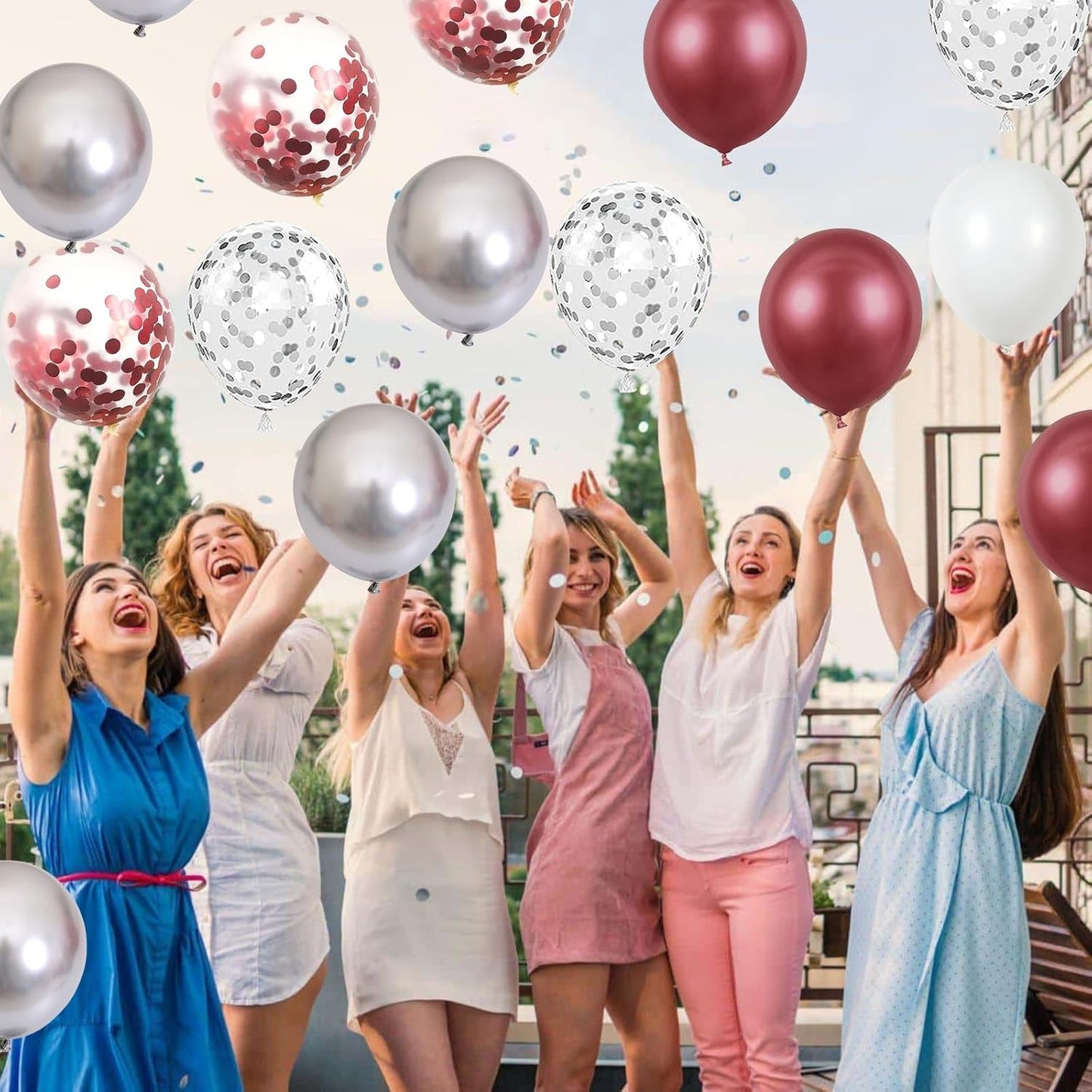 Burgundy Red and Silver Balloons, 60 Packs 12 Inch Wine Red and White Silver Metallic Confetti Balloons with Ribbons for Women Birthday Wedding Bridal Shower Retirement Party Decorations Supplies