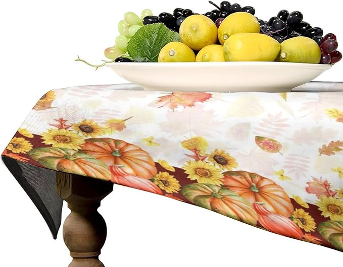 Autumn Thanksgiving Pumpkin Tablecloth, Vintage Retro Maple Leaves Watercolor Yellow Sunflower Fall Harvest Table Cover for Party Picnic Dinner Kitchen 55x75 Inch Rectangle