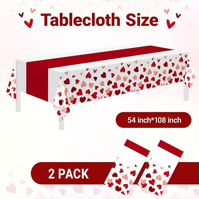 Childom 2 Pcs Valentines Day Tablecloths for Valentines Day Decorations,54" x 108" Disposable Plastic Tablecloths,Rectangle Heart Table Cover for Party Decorations Mothers Day Anniversary Birthday