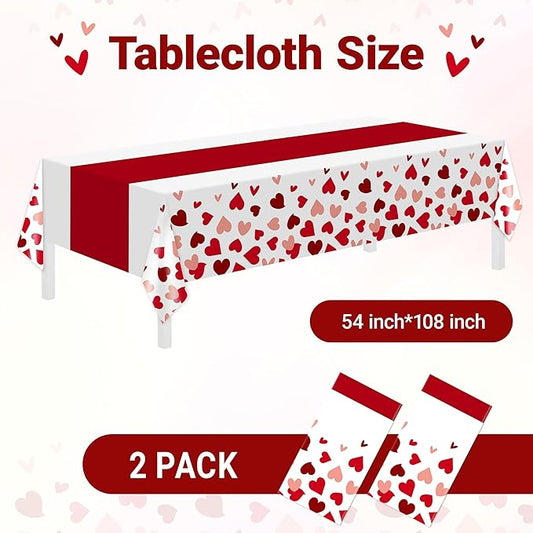 Childom 2 Pcs Valentines Day Tablecloths for Valentines Day Decorations,54" x 108" Disposable Plastic Tablecloths,Rectangle Heart Table Cover for Party Decorations Mothers Day Anniversary Birthday