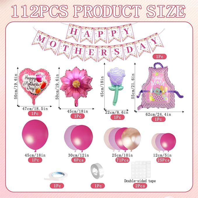 112PCS Mother's Day Balloons Arch Garland Kit Mothers Day Decorations Foil Mothers Day Balloon Flower Best Mom Balloon Latex Hot Pink Rose Gold Pink Balloons Happy Mother's Day Banner Birthday Decor