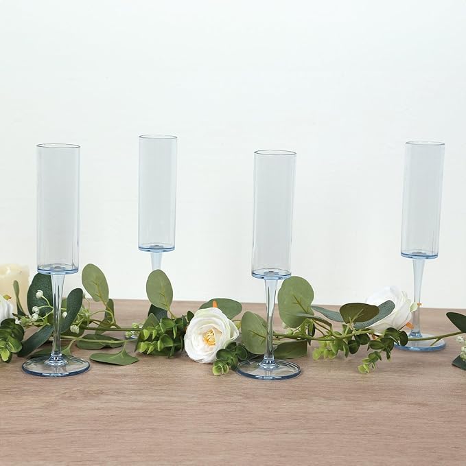 Efavormart 6 Pack Transparent Dusty Blue Reusable Plastic Champagne Flute Glasses in Cylindrical Shape, 6oz Wine Mimosa Glass Goblets with Long Stems - 9.5" Tall