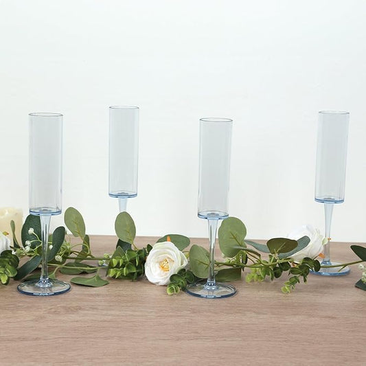 Efavormart 6 Pack Transparent Dusty Blue Reusable Plastic Champagne Flute Glasses in Cylindrical Shape, 6oz Wine Mimosa Glass Goblets with Long Stems - 9.5" Tall