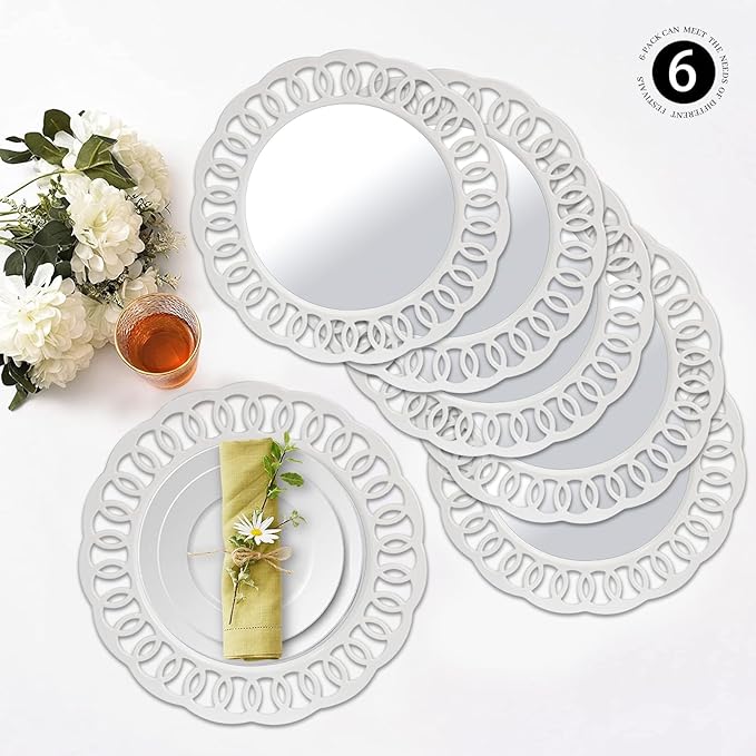 MAONAME 13" White Charger Plates, Plastic Plate Charger with Circle Winding Rim, Round Chargers for Dinner Plates, Mirror Chargers for Table Setting, Wedding, Set of 6