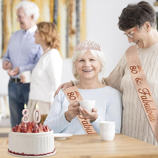 80th Birthday Decoration for Women with Rose Gold Sash, Tiara,Numbers Candles, Sincere 80th Birthday Gifts for Women