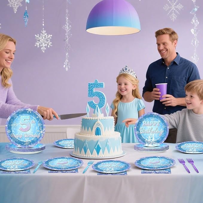 Snowflake Winter Wonderland 5th Birthday Paper Plates Napkins Forks Disposable Dinnerware Happy 5th Birthday Blue and Purple Winter Snowflake Tableware for Kids Christmas onderland Party Decorations
