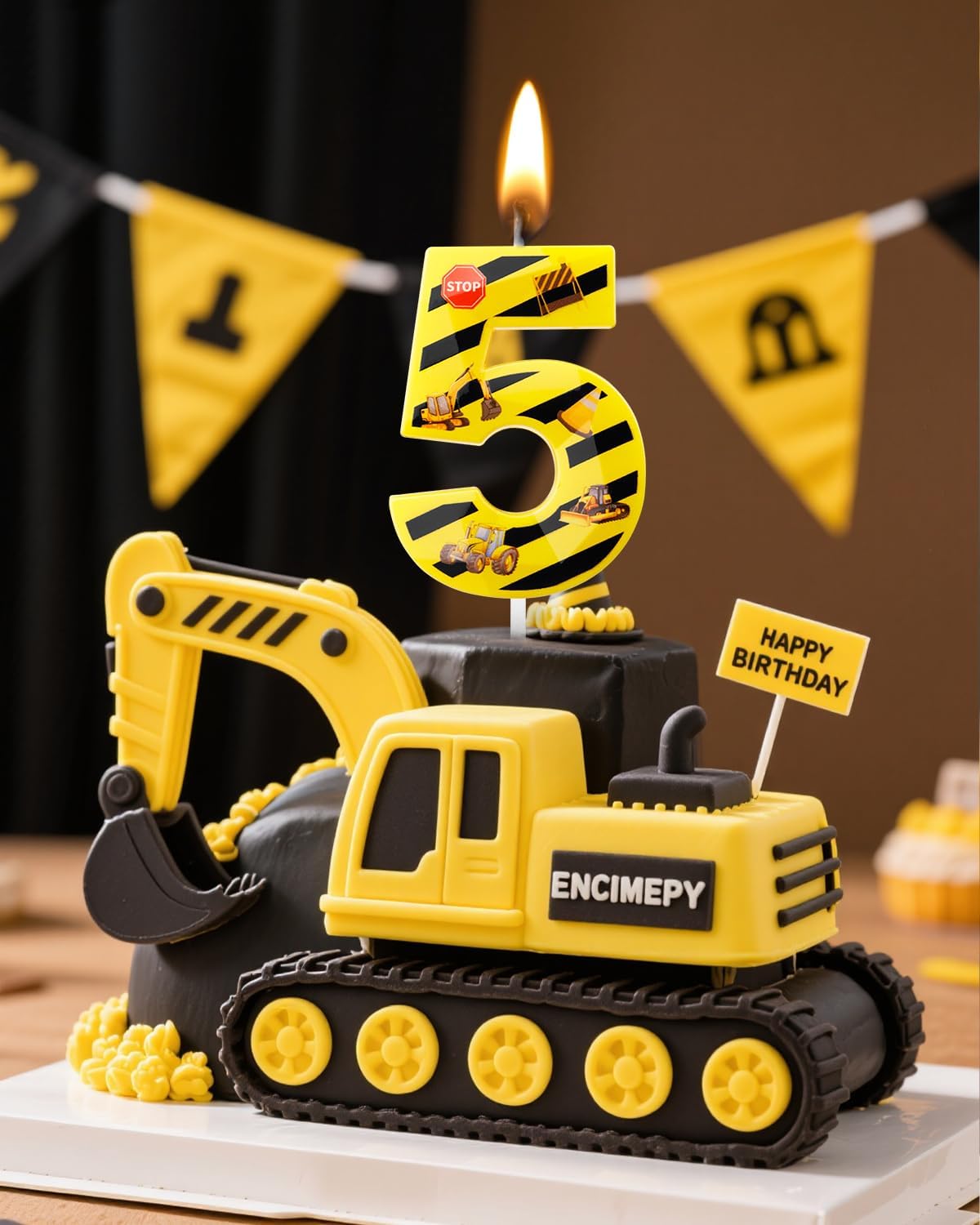 Number 5 Construction Birthday Candle, 2.68 Inch Yellow and Black Striped Candle, Birthday Candles Numbers Construction Cake Topper for Boys Girls, Construction Birthday Party Supplies Decorations