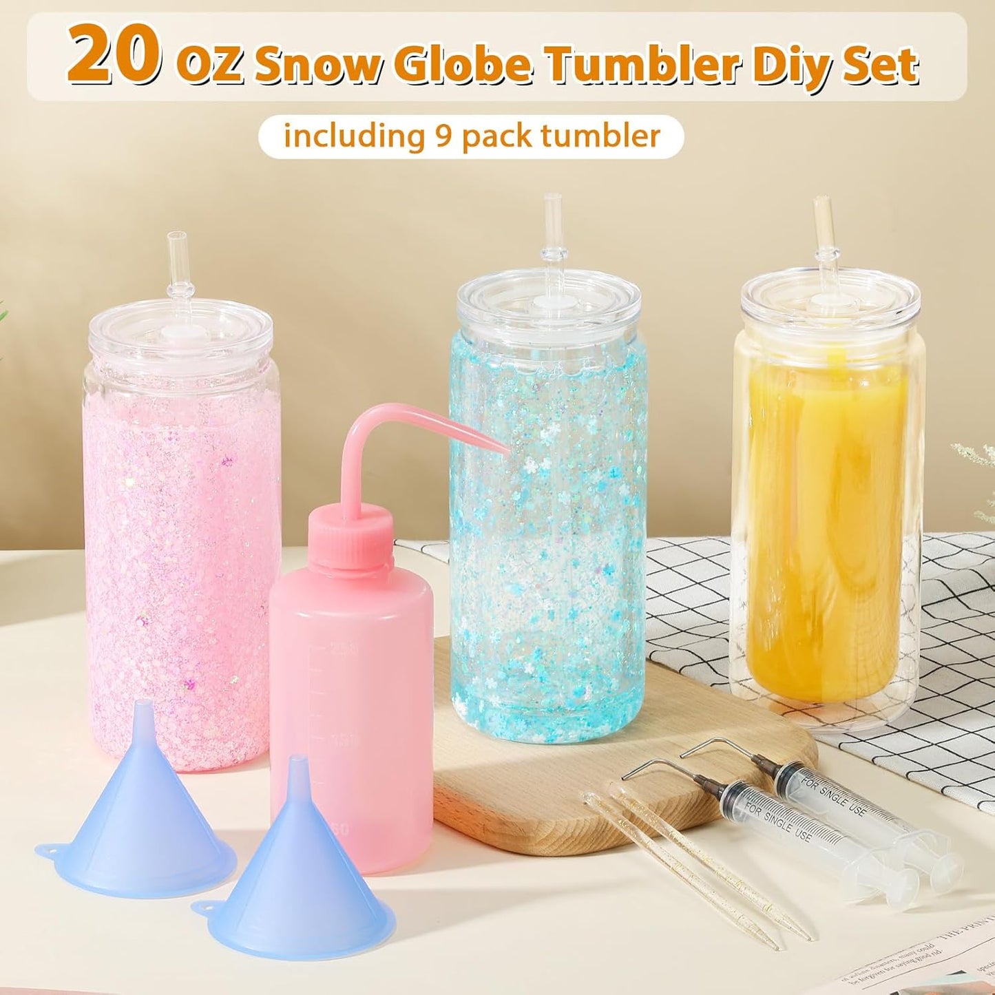 20 Oz Acrylic Snowglobe Tumbler Including Diy Kit, 9 Pack Pre-Drilled Double Wall Plastic Snowglobe Cup for Glitter Snow Globe Diy