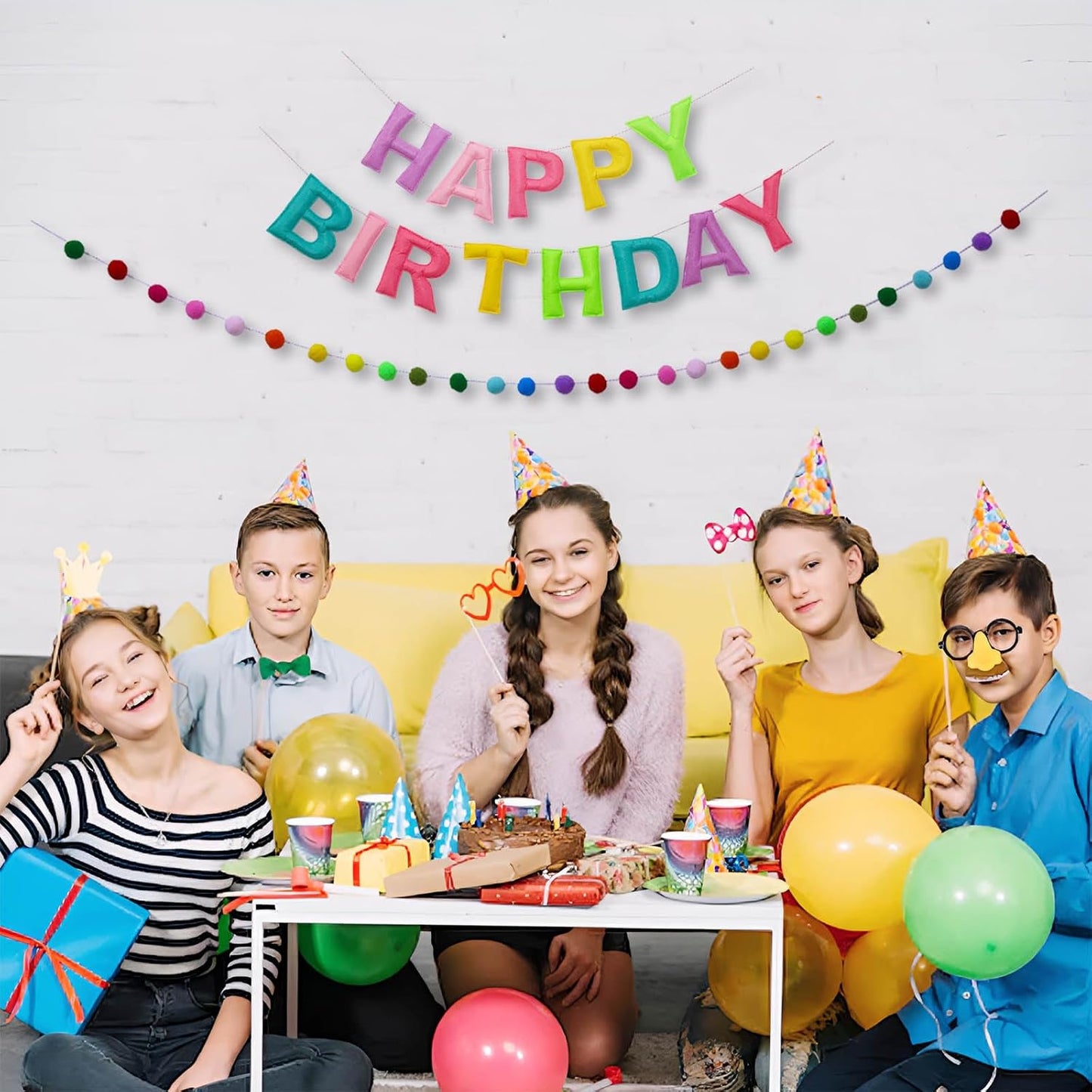 Happy Birthday Banner Rainbow Felt Ball Garland Pre-Strung Happy Birthday Sign for Party Backdrop Decorations Photo Prop